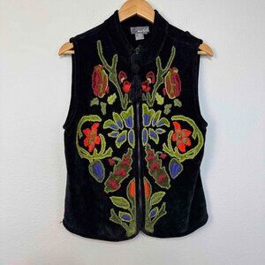 Lisa Nichols Vintage Chenille Full Zip Vest Floral Embroidered Black Size Large